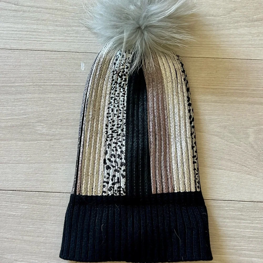 Bari Lynn Metallic Leopard Beanie Black/Silver Metallic - New with Tag